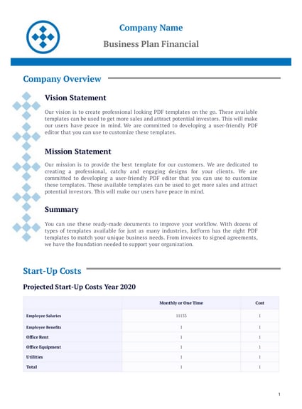 Business plan financial template