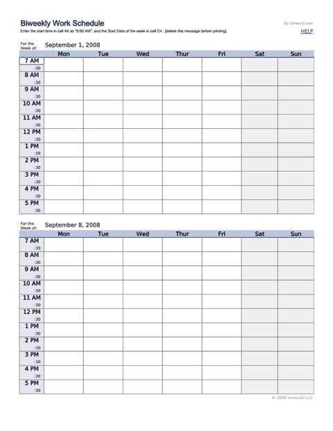 A bi-weekly schedule template for work