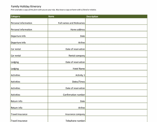 family holiday itinerary example