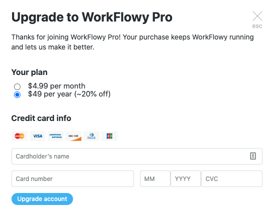 workflowy pricing details and Pro sign-up form