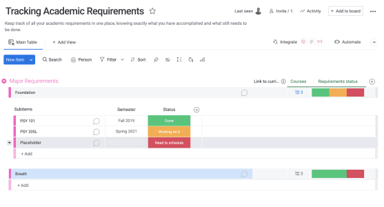keeping track of assignments students Screenshot of subitems in a board