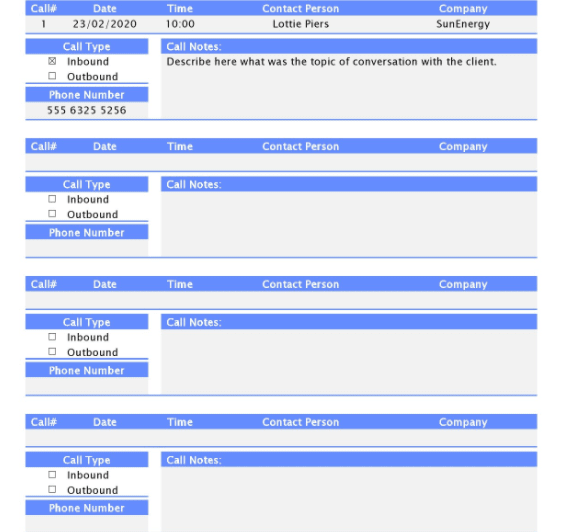 screenshot of sales call log template