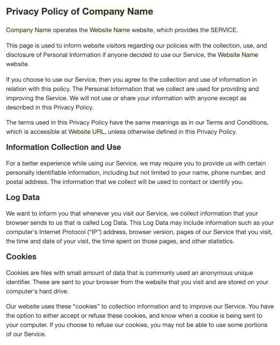 example of a template document for a privacy policy
