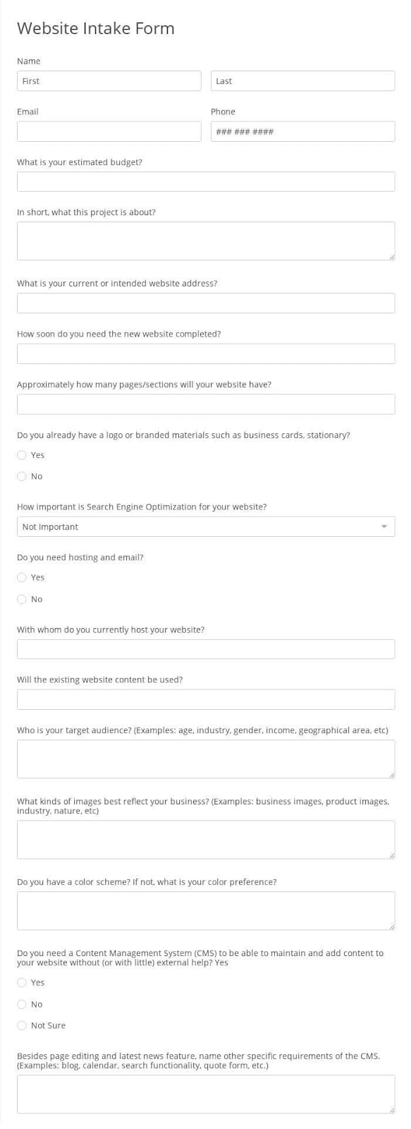 website intake form