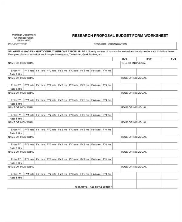 Template for salaries and wages research budget proposal