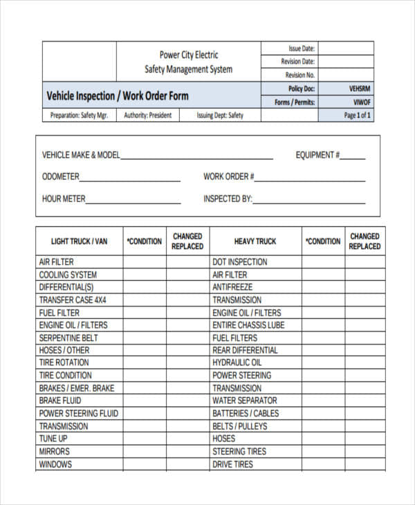 example of an inspection work order template for a vehicle inspection