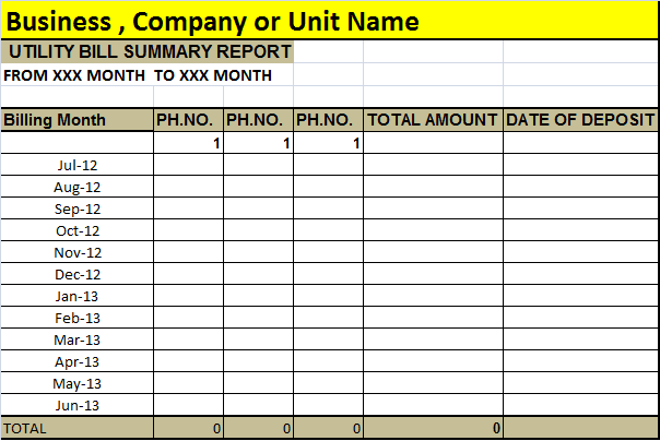 example of an excel summary template for utility bills