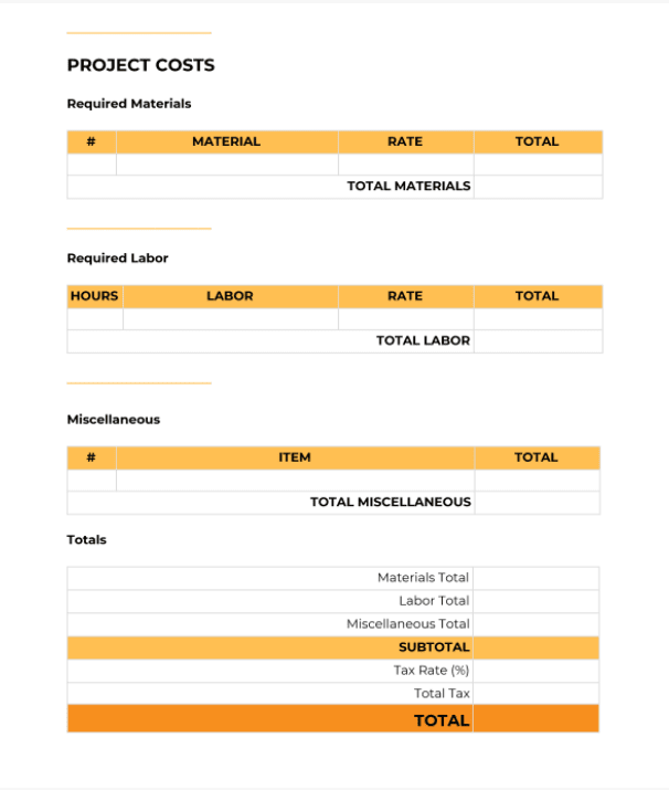 screenshot of material and labor costs