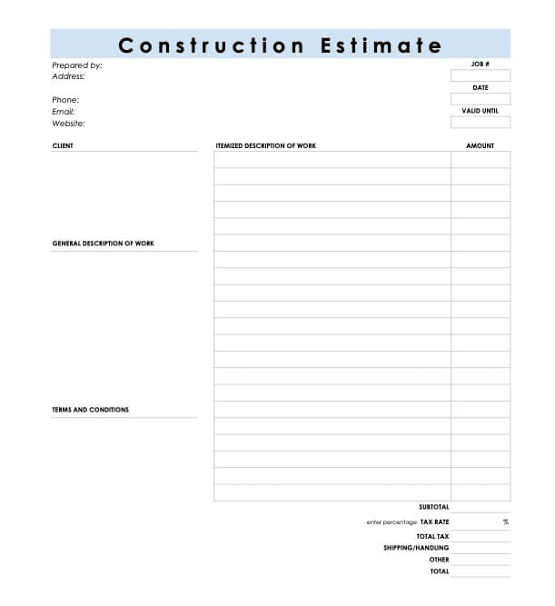 example of a work estimate template for the construction industry