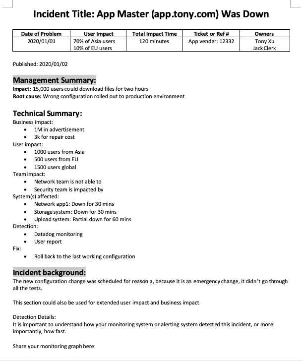 example of an incident post mortem template