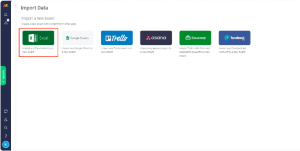 monday.com dashboard showing a highlighted Excel option in the Import data page.