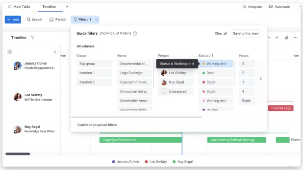 viewing a timeline in monday.com with a filter for certain information