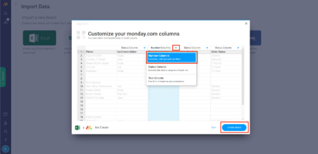 dashboard showing options to customize monday.com columns