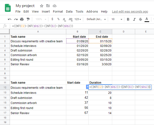 New table showing formula to calculate Duration from the Project plan data