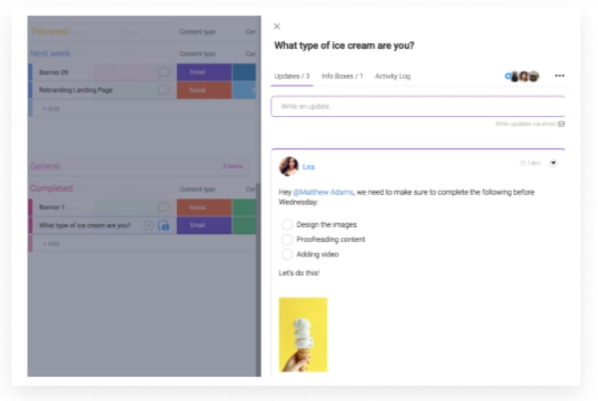 Screenshot from monday.com showing an example of updates section.