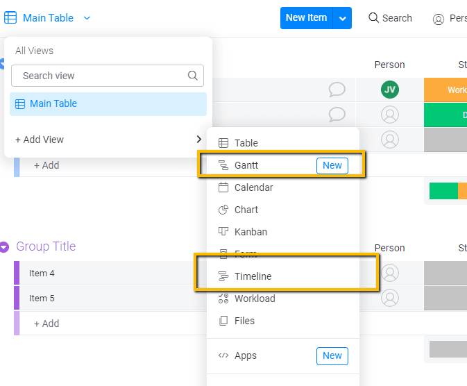 monday.com's data views selection