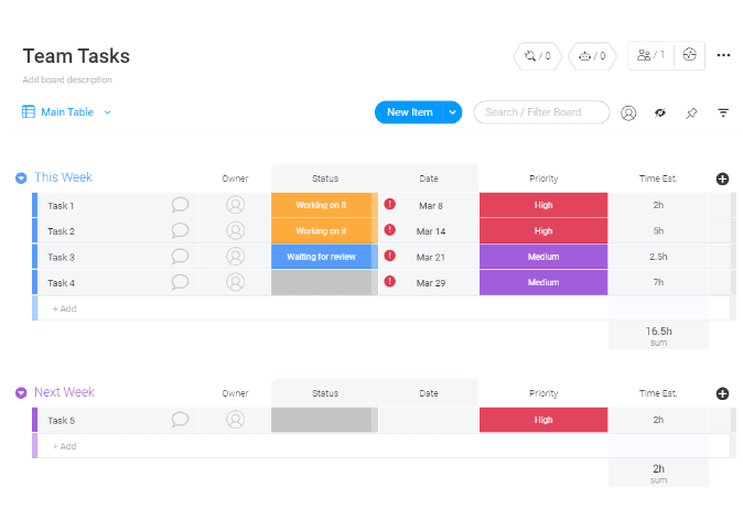 monday.com team task management template
