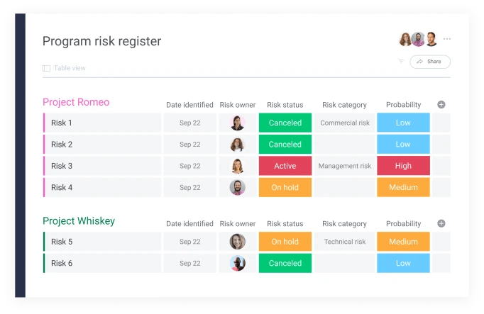 A program risk register is where you identify, track, and manage potential risks to your project.