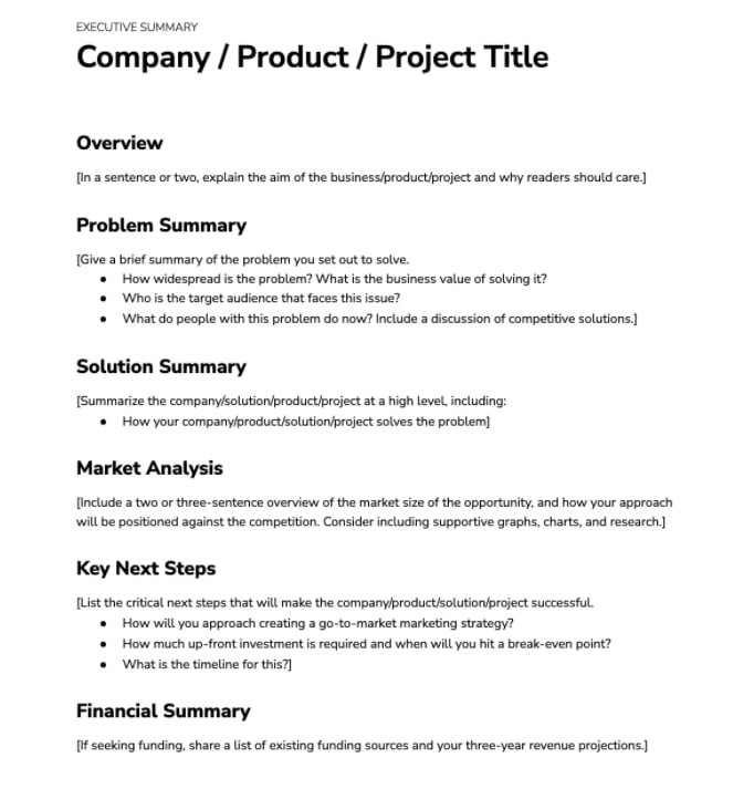 dessert executive summary for business plan