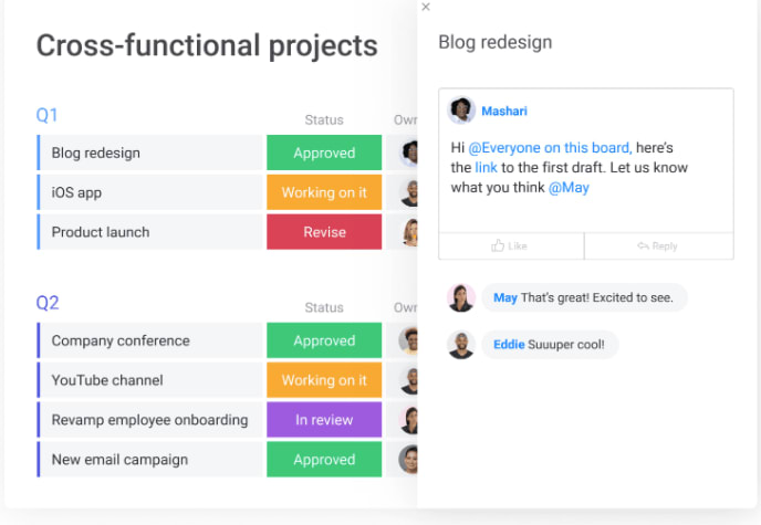 monday.com allows you to delegate tasks and share updates on cross-functional projects.