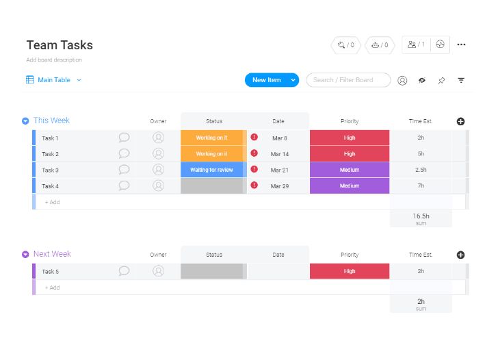 monday.com team tasks template