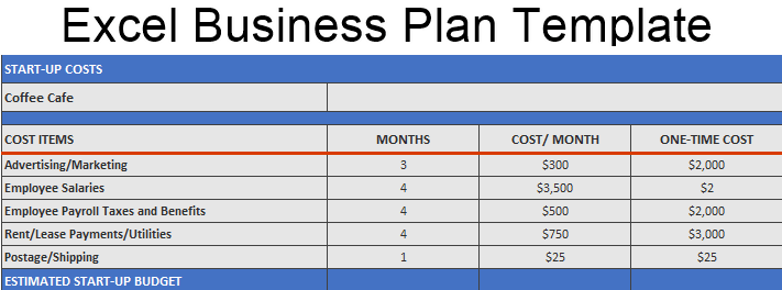 Simple business plan template in an Excel spreadsheet