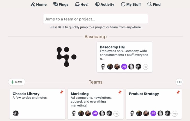 The Basecamp Dashboard featuring a master search bar and spaces for the company HQ and Teams