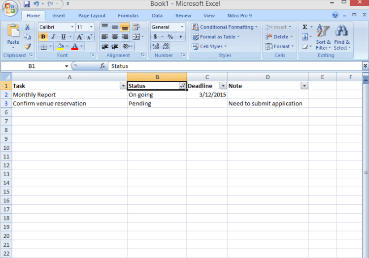 Excel spreadsheet with a list of tasks to complete