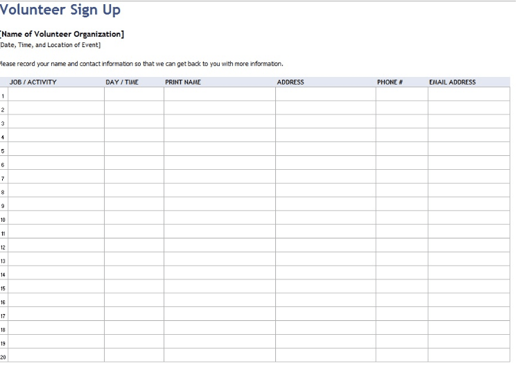 Volunteer sign-up sheet example