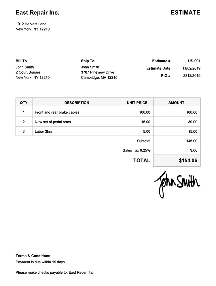 example of a work estimate template for the automotive industry