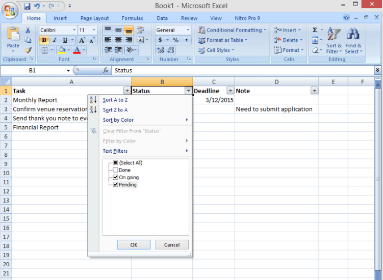 Excel sheet showing how filter are applied to the task list