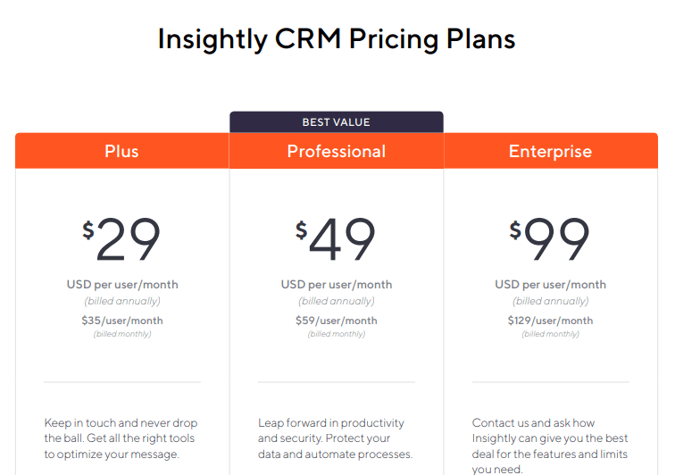 Screenshot from Insightly showcasing their plans