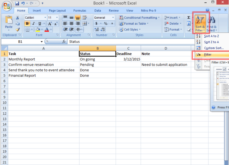 An excel task list sheet showing the Sort & Filter icon selected