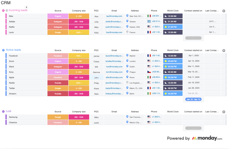 screenshot of a CRM in monday.com