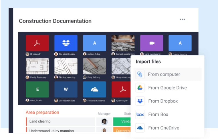 The monday.com dashboard featuring options to attach documents from various third-party file storage applications