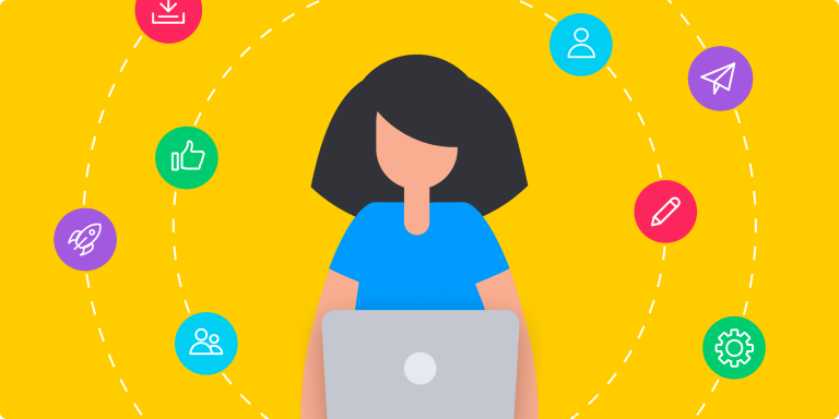 Asana alternative illustration woman working on laptop with yellow background