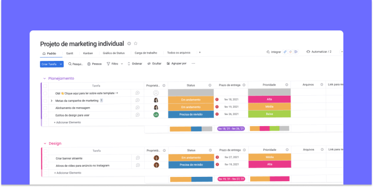 Template de quadro para gestão de projeto de marketing