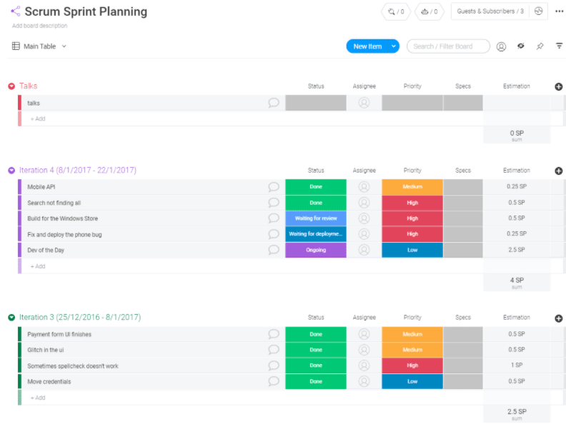 Scrum sprint planning template from monday.com 