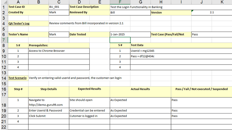 screenshot of excel test case template