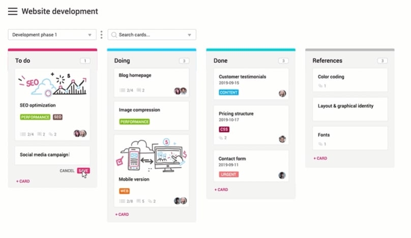 A screenshot showing Nutcache kanban