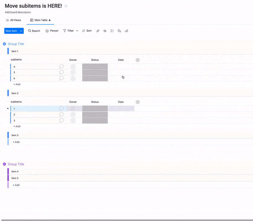 Moving subitems between items