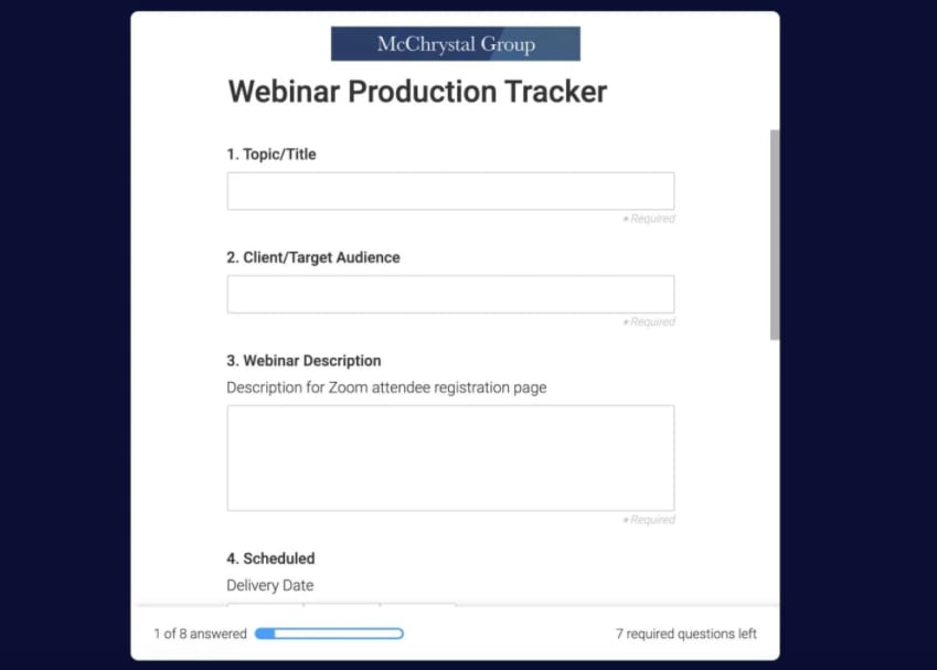 screenshot of the McChrystal webinar production tracker form built in monday.com