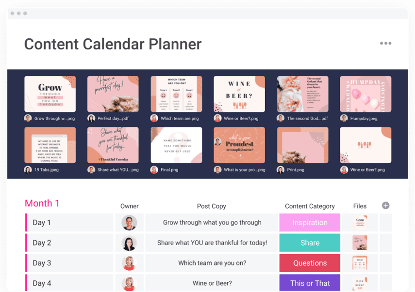 monday.com content planner with Instagram graphics and daily schedule