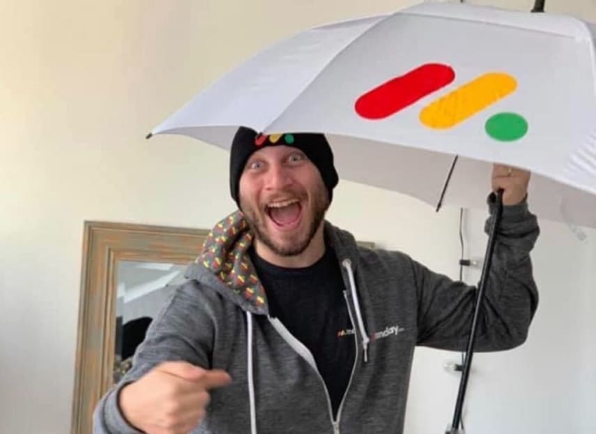 homme en train de porter des vêtements et un parapluie avec les logos monday