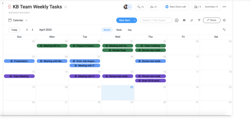 Team weekly tasks with deadlines in Calendar view on monday.com.