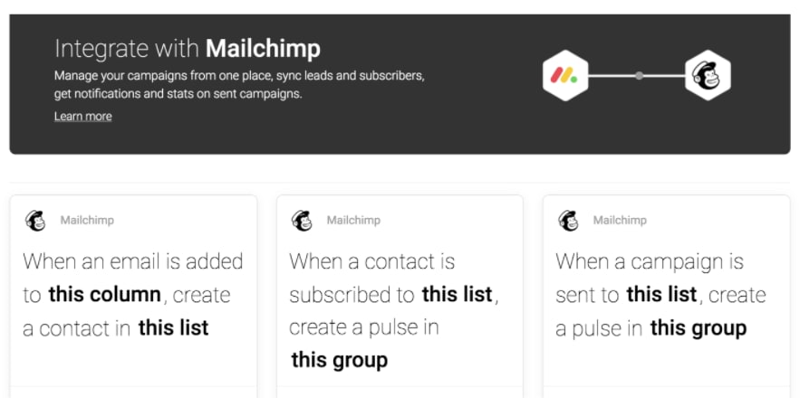 Screenshot showing possible integration activities between Mailchimp and monday.com