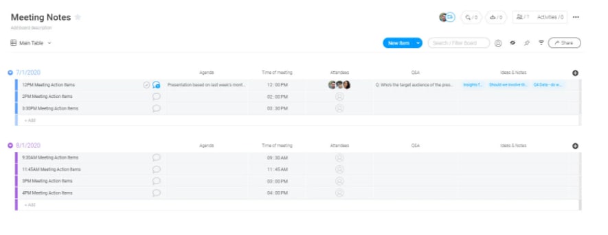 monday.com's meeting notes template screenshot
