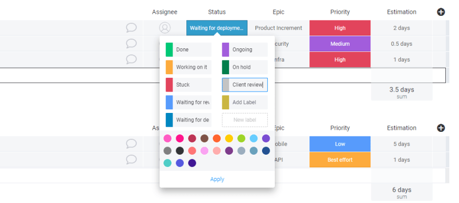 Customize status labels in monday.com