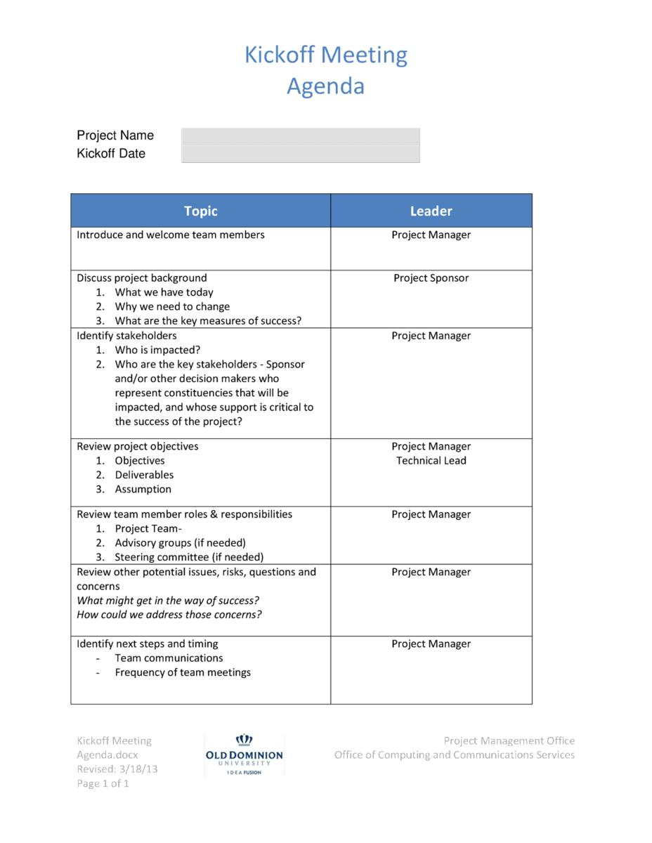 Example of a project kickoff meeting agenda template