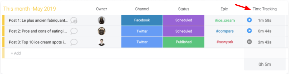 Screenshot from monday.com showing the Time Tracking Column.